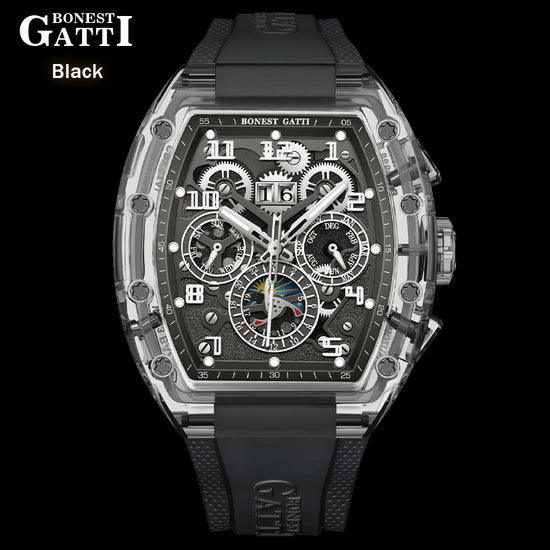 BONEST GATTI Barrel shaped Skeleton Movement K9 Crystal Case Fluororubber Strap Watch Luminous BG9920 TIMEMASTER