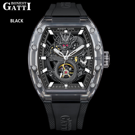 BONEST GATTI Transparent Case Dragon Barrel shaped Skeleton Movement Synthetic Sapphire Fluororubber Strap Watch Luminous GB9980 TIMEMASTER