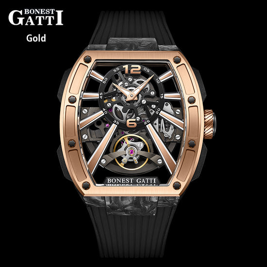 BONEST GATTI Carbon fiber+fine Steel Case Barrel shaped sapphire crystal watch Skeleton Movement Watch BG9950 TIMEMASTER
