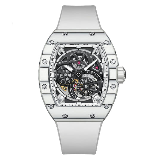 BONEST GATTI Carbon fiber + Aluminum alloy Case Barrel shaped Tonneau watch Skeleton Movement Sapphire Crystal Quick- Release Strap Watch BG9004 TIMEMASTER