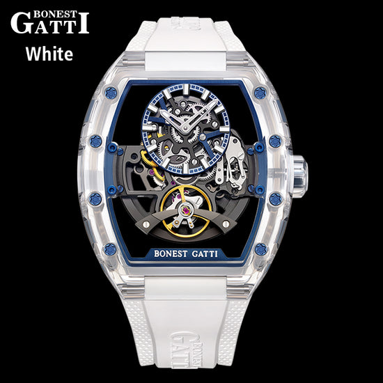 BONEST GATTI Barrel shaped K9 Crystal case Skeleton Movement Fluororubber Strap Watch Luminous BG9960 TIMEMASTER