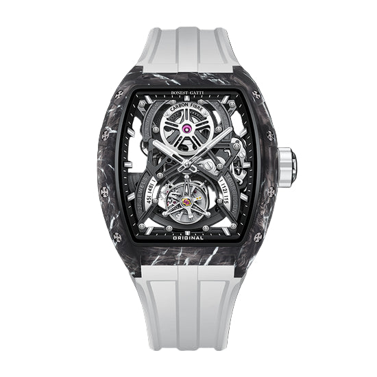 BONEST GATTI Automatic Tourbillon Movement Tonneau Shaped Forged Carbon Fiber Case Sapphire Crystal Fluororubber Strap 3ATM Waterproof Luminous BG9006 TIMEMASTER