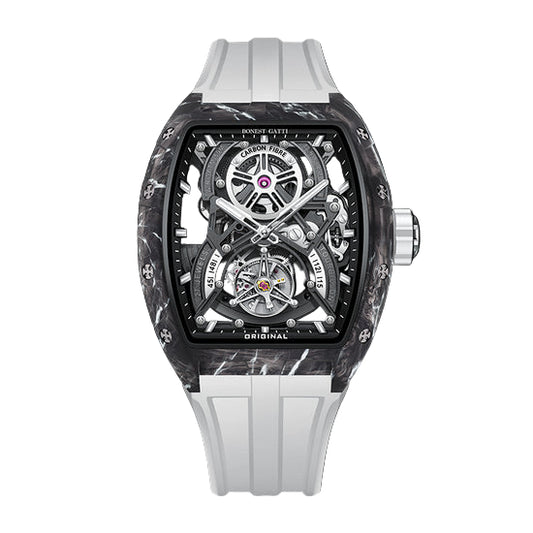 BONEST GATTI Automatic Tourbillon Movement Tonneau Shaped Forged Carbon Fiber Case Sapphire Crystal Fluororubber Strap 3ATM Waterproof Luminous BG9006 TIMEMASTER