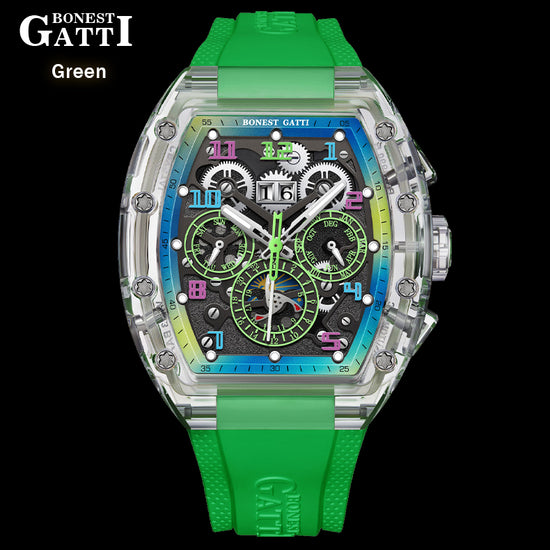 BONEST GATTI Barrel shaped Skeleton Movement K9 Crystal Case Fluororubber Strap Watch Luminous BG9920 TIMEMASTER