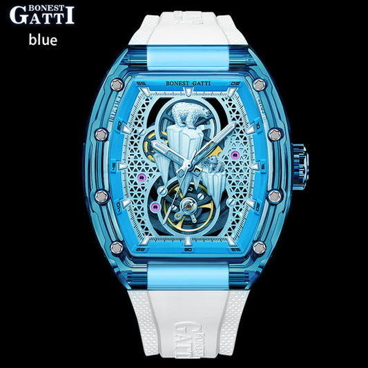 BONEST GATTI Crystal Case 3D Polar Bear Tonneau shaped Skeleton Movement K9 Crystal Case Fluororubber Strap Watch Luminous GB6002 TIMEMASTER