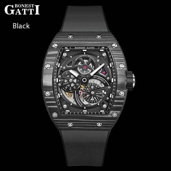 BONEST GATTI Carbon fiber + Aluminum alloy Case Barrel shaped Tonneau watch Skeleton Movement Sapphire Crystal Quick- Release Strap Watch BG9004 TIMEMASTER