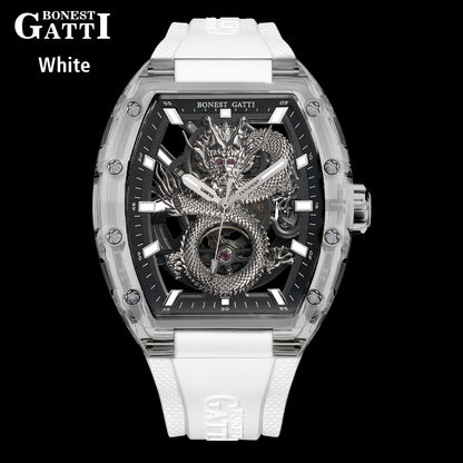 BONEST GATTI Crystal Case Dragon Barrel shaped Skeleton Movement K9 Crystal Case Fluororubber Strap Watch Luminous GB9980 TIMEMASTER