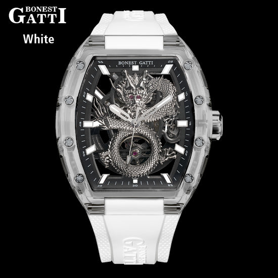 BONEST GATTI Transparent Case Dragon Barrel shaped Skeleton Movement Synthetic Sapphire Fluororubber Strap Watch Luminous GB9980 TIMEMASTER