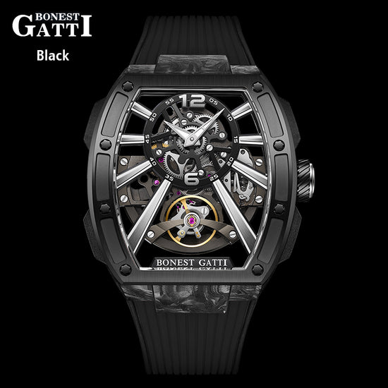 BONEST GATTI Carbon fiber+fine Steel Case Barrel shaped sapphire crystal watch Skeleton Movement Watch BG9950 TIMEMASTER