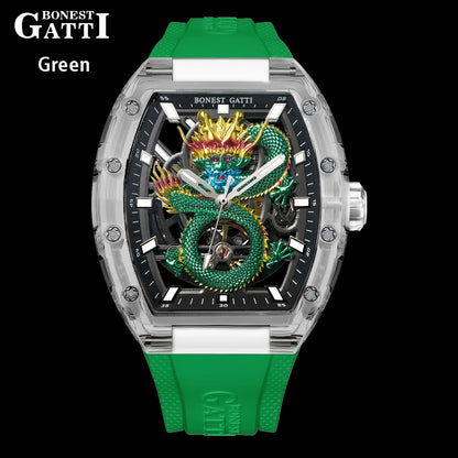 BONEST GATTI Crystal Case Dragon Barrel shaped Skeleton Movement K9 Crystal Case Fluororubber Strap Watch Luminous GB9980 TIMEMASTER