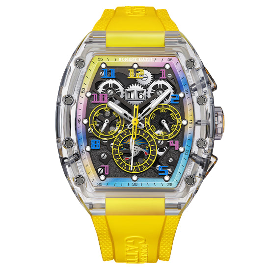 BONEST GATTI Barrel shaped Skeleton Movement K9 Crystal Case Fluororubber Strap Watch Luminous BG9920 TIMEMASTER