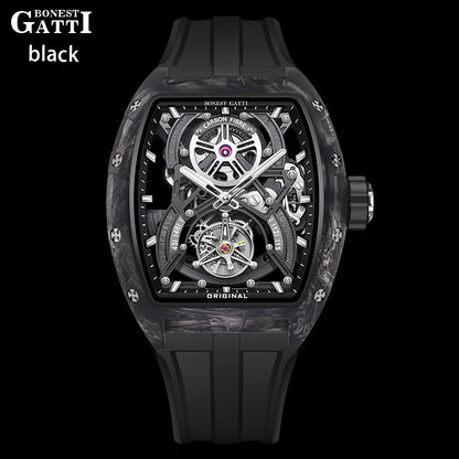 BONEST GATTI Automatic Tourbillon Movement Tonneau Shaped Forged Carbon Fiber Case Sapphire Crystal Fluororubber Strap 3ATM Waterproof Luminous BG9006 TIMEMASTER