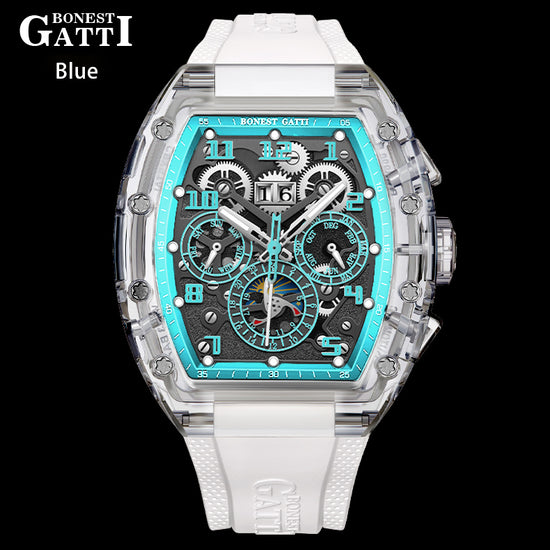 BONEST GATTI Barrel shaped Skeleton Movement K9 Crystal Case Fluororubber Strap Watch Luminous BG9920 TIMEMASTER