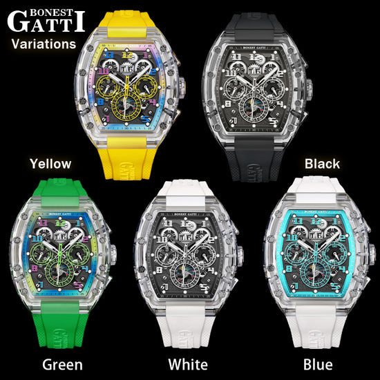 BONEST GATTI Barrel shaped Skeleton Movement K9 Crystal Case Fluororubber Strap Watch Luminous BG9920 TIMEMASTER