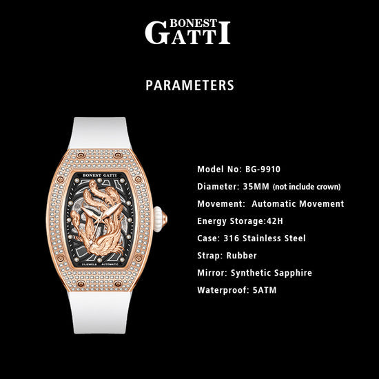 BONEST GATTI Barrel Dragon & Phoenix Couple Watch Automatic Mechanical Movement Luminous BG9910 TIMEMASTER
