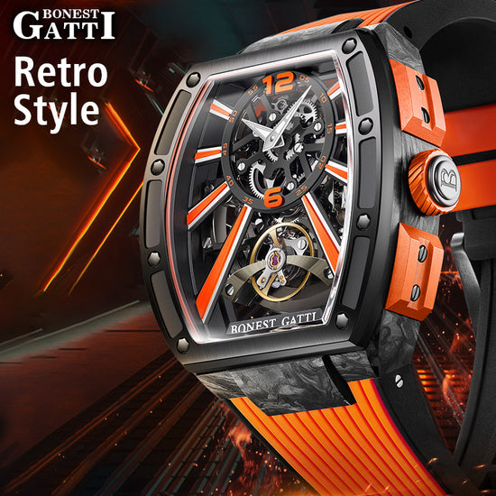 BONEST GATTI Carbon fiber+fine Steel Case Barrel shaped sapphire crystal watch Skeleton Movement Watch BG9950 TIMEMASTER
