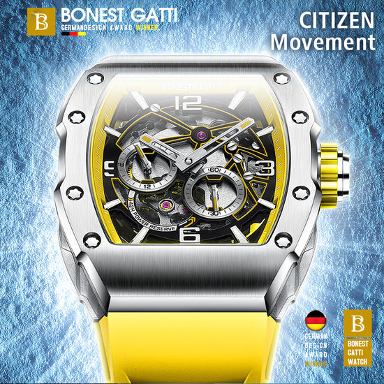 BONEST GATTI Barrel shaped Skeleton Sapphire Crystal CITIZEN Movement Watch BG9903 TIMEMASTER