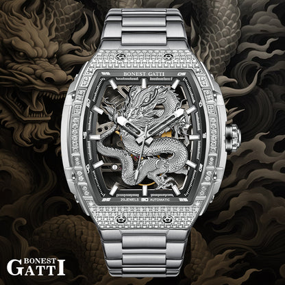 BONEST GATTI Barrel Dragon 185 Zircon Stones Bezel Stainless Steel Bracelet Men's Automatic Mechanical Watch Luminous BG5605L TIMEMASTER