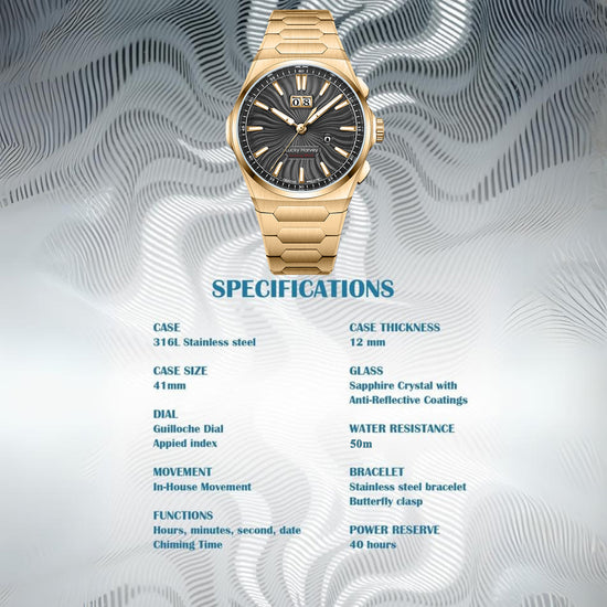 【Limited Edition】Sound Of Nature Guilloché Gold Dial Big Date Chiming Automatic Watch Lucky Harvey TIMEMASTER