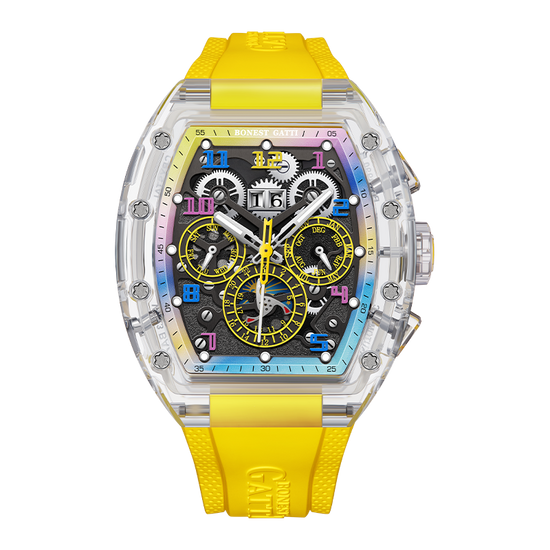 BONEST GATTI Barrel shaped Skeleton Movement K9 Crystal Case Fluororubber Strap Watch Luminous BG9920 TIMEMASTER