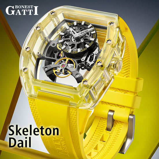 BONEST GATTI Barrel shaped K9 Crystal case Skeleton Movement Fluororubber Strap Watch Luminous BG9960 TIMEMASTER