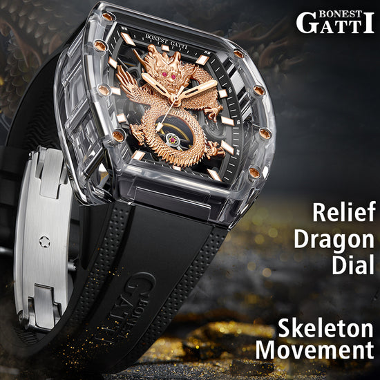 BONEST GATTI Transparent Case Dragon Barrel shaped Skeleton Movement Synthetic Sapphire Fluororubber Strap Watch Luminous GB9980 TIMEMASTER