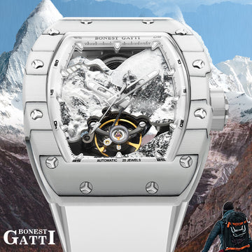 BONEST GATTI Carbon fiber + Aluminum alloy Case Barrel shaped Relief 3D Great Wall pattern Skeleton Movement Sapphire Crystal Watch BG9003 TIMEMASTER