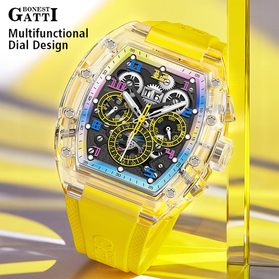 BONEST GATTI Barrel shaped Skeleton Movement K9 Crystal Case Fluororubber Strap Watch Luminous BG9920 TIMEMASTER