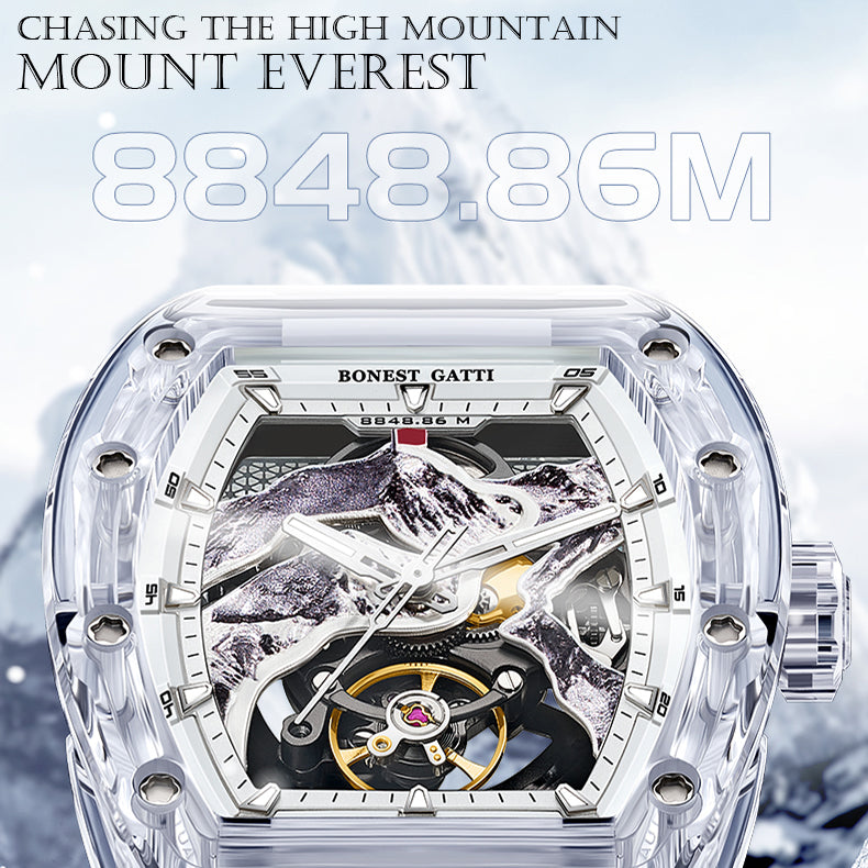 BONEST GATTI Crystal Case 3D MOUNTAIN MOUNTEVEREST Tonneau shaped Skeleton Movement K9 Crystal Case Fluororubber Strap Watch Luminous GB6001 TIMEMASTER