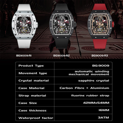 BONEST GATTI Automatic Tonneau Watch Spartan Warrior Series Carbon Fiber Skeleton Self Wind Movement Sapphire Crystal Luminous Watch BG9009 TIMEMASTER