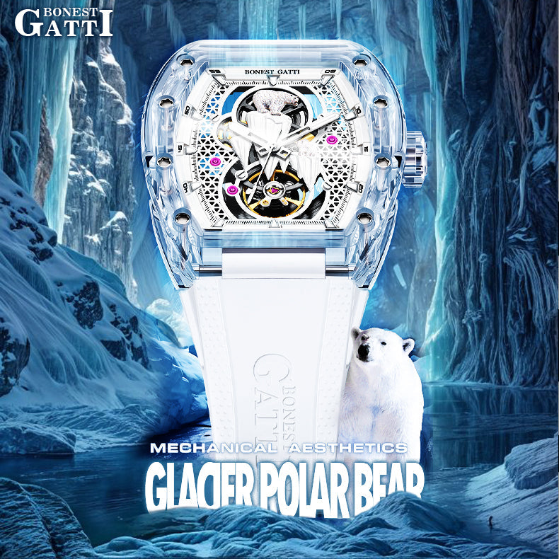 BONEST GATTI Crystal Case 3D MOUNTAIN MOUNTEVEREST Tonneau shaped Skeleton Movement K9 Crystal Case Fluororubber Strap Watch Luminous GB6001 TIMEMASTER