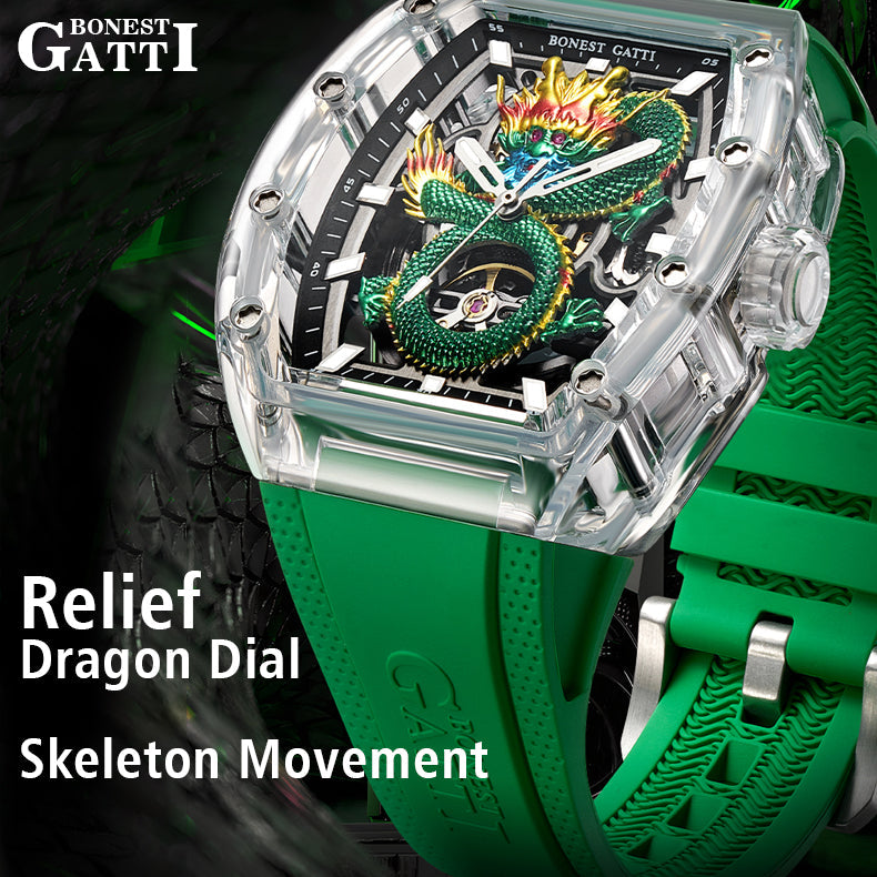BONEST GATTI Crystal Case 3D MOUNTAIN MOUNTEVEREST Tonneau shaped Skeleton Movement K9 Crystal Case Fluororubber Strap Watch Luminous GB6001 TIMEMASTER
