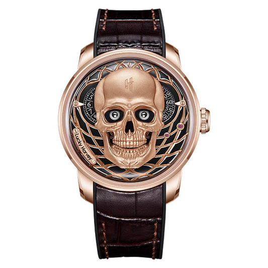 【Limited Edition 111pcs】Rose Gold Skull Automatic Mechanism Watch Lucky Harvey TIMEMASTER