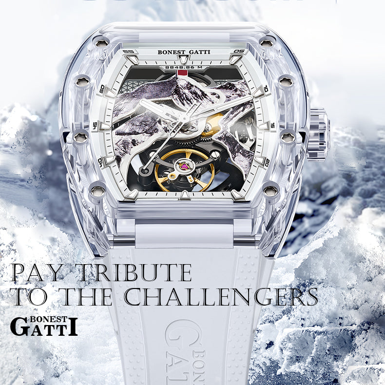 BONEST GATTI Crystal Case 3D MOUNTAIN MOUNTEVEREST Tonneau shaped Skeleton Movement K9 Crystal Case Fluororubber Strap Watch Luminous GB6001 TIMEMASTER