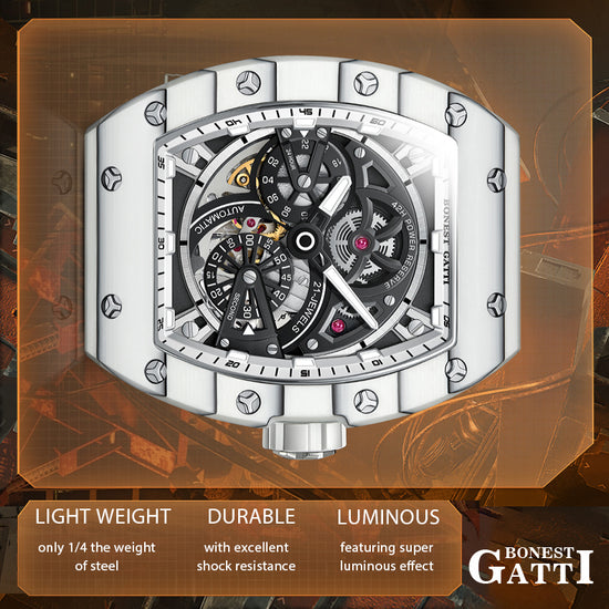 BONEST GATTI Carbon fiber + Aluminum alloy Case Barrel shaped Tonneau watch Skeleton Movement Sapphire Crystal Quick- Release Strap Watch BG9004 TIMEMASTER