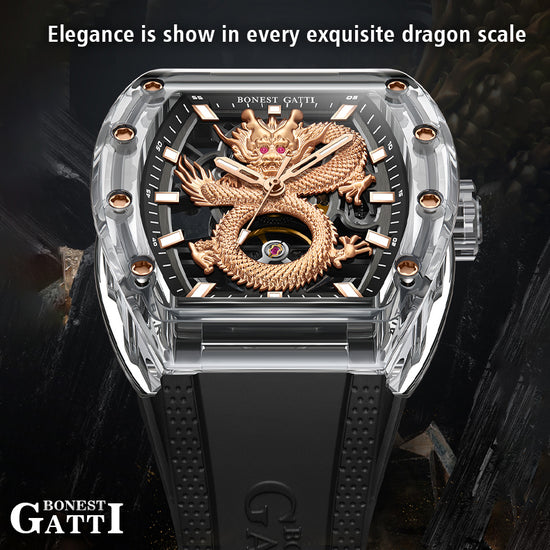 BONEST GATTI Transparent Case Dragon Barrel shaped Skeleton Movement Synthetic Sapphire Fluororubber Strap Watch Luminous GB9980 TIMEMASTER