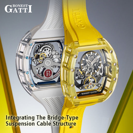 BONEST GATTI Barrel shaped K9 Crystal case Skeleton Movement Fluororubber Strap Watch Luminous BG9960 TIMEMASTER