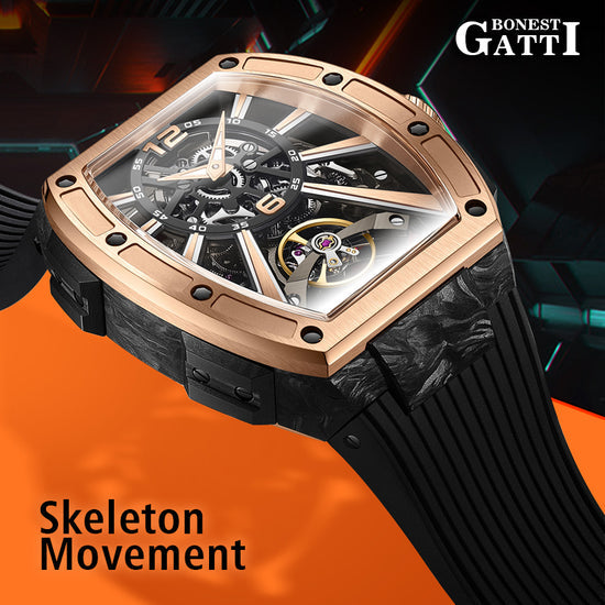 BONEST GATTI Carbon fiber+fine Steel Case Barrel shaped sapphire crystal watch Skeleton Movement Watch BG9950 TIMEMASTER