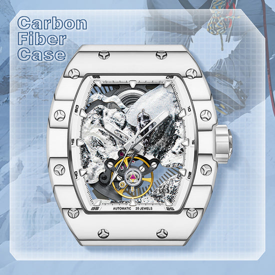BONEST GATTI Carbon fiber + Aluminum alloy Case Barrel shaped road of climb 3D Mountain climber pattern Skeleton Movement Sapphire Crystal Watch BG9002 TIMEMASTER