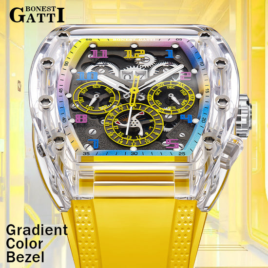 BONEST GATTI Barrel shaped Skeleton Movement K9 Crystal Case Fluororubber Strap Watch Luminous BG9920 TIMEMASTER