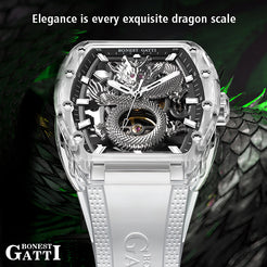 BONEST GATTI Crystal Case Dragon Barrel shaped Skeleton Movement K9 Crystal Case Fluororubber Strap Watch Luminous GB9980 TIMEMASTER