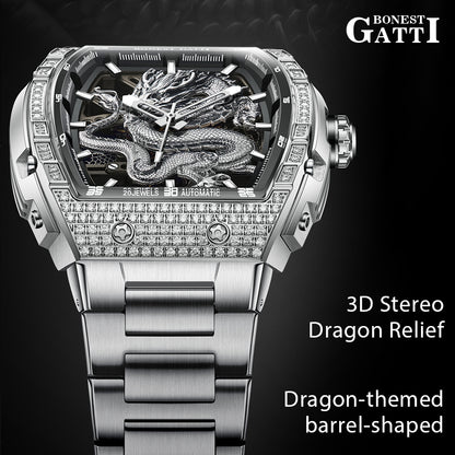 BONEST GATTI Barrel Dragon 185 Zircon Stones Bezel Stainless Steel Bracelet Men's Automatic Mechanical Watch Luminous BG5605L TIMEMASTER