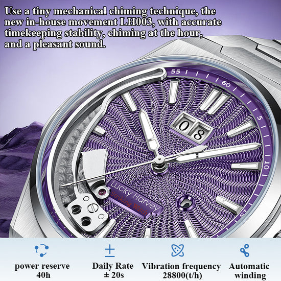 【Limited Edition 300PCS】Sound Of Nature Guilloché Purple Dial Big Date Chiming Automatic Watch Lucky Harvey TIMEMASTER
