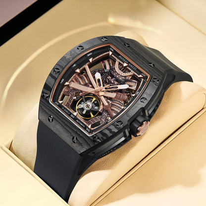 BONEST GATTI Automatic Tonneau Watch Phantom Black Warrior Dial Carbon Fiber Skeleton Self Wind Movement Sapphire Crystal Luminous Watch BG9008 TIMEMASTER