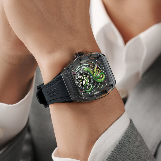 BONEST GATTI Transparent Tonneau Case 3D Snake Dial Skeleton Movement Fluororubber Strap Watch Luminous BG6004 TIMEMASTER