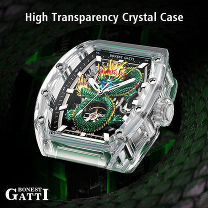 BONEST GATTI Crystal Case Dragon Barrel shaped Skeleton Movement K9 Crystal Case Fluororubber Strap Watch Luminous GB9980 TIMEMASTER