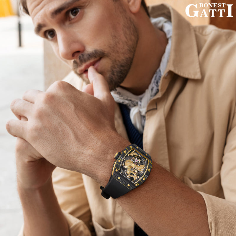 BONEST GATTI Carbon fiber + Aluminum alloy Case Barrel shaped Relief 3D Great Wall pattern Skeleton Movement Sapphire Crystal Watch BG9003 TIMEMASTER
