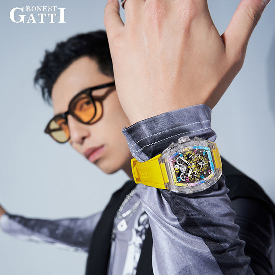 BONEST GATTI Barrel shaped Skeleton Movement K9 Crystal Case Fluororubber Strap Watch Luminous BG9920 TIMEMASTER