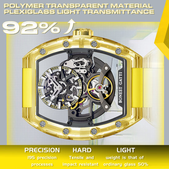 BONEST GATTI Barrel shaped K9 Crystal case Skeleton Movement Fluororubber Strap Watch Luminous BG9960 TIMEMASTER