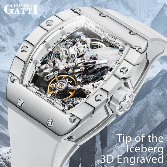 BONEST GATTI Carbon fiber + Aluminum alloy Case Barrel shaped road of climb 3D Mountain climber pattern Skeleton Movement Sapphire Crystal Watch BG9002 TIMEMASTER